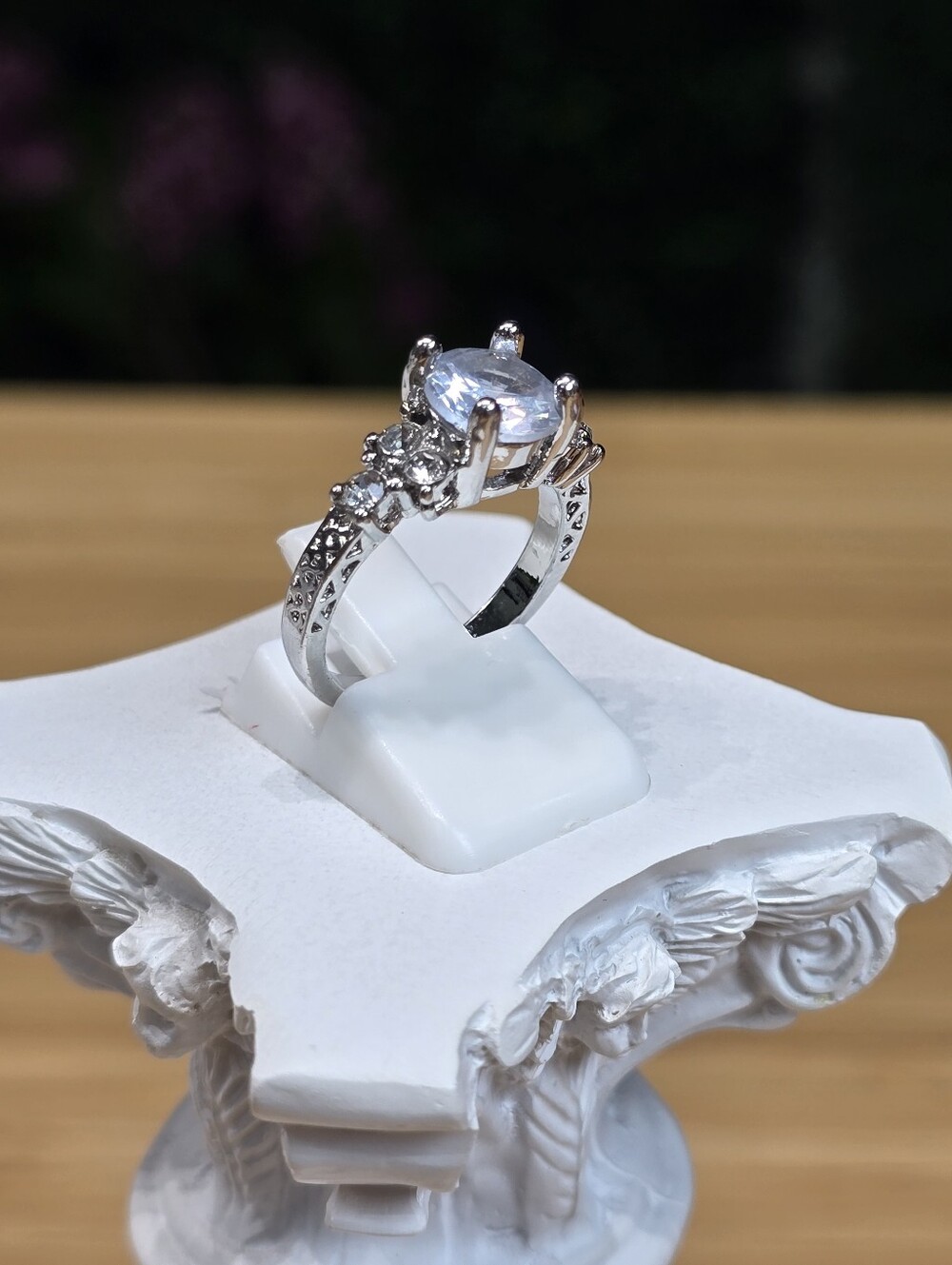 Silver Tone Clear CZ Solitaire Ring with Accent Stones